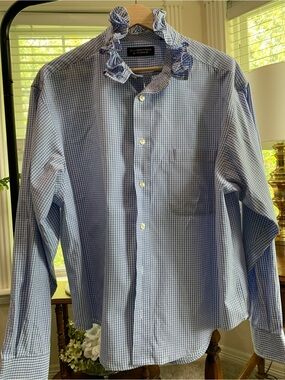 Roundtree & Yorke Blue Gingham Ruffle Collar Button-Up Blouse